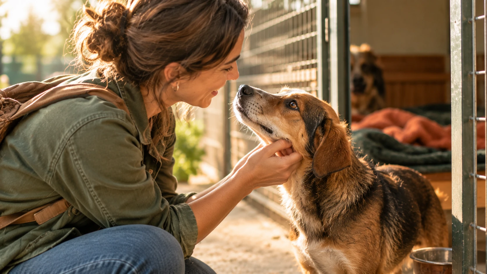 Persona conociendo a un perro en una protectora de animales