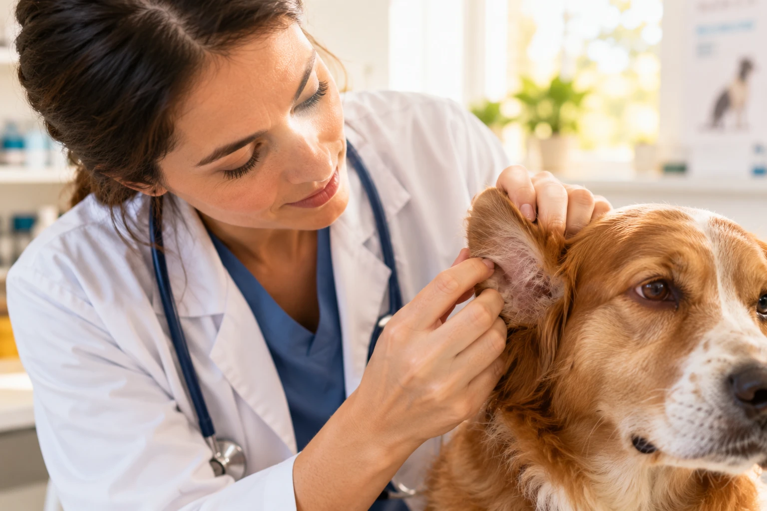 Veterinaria revisando la oreja de un perro con delicadeza