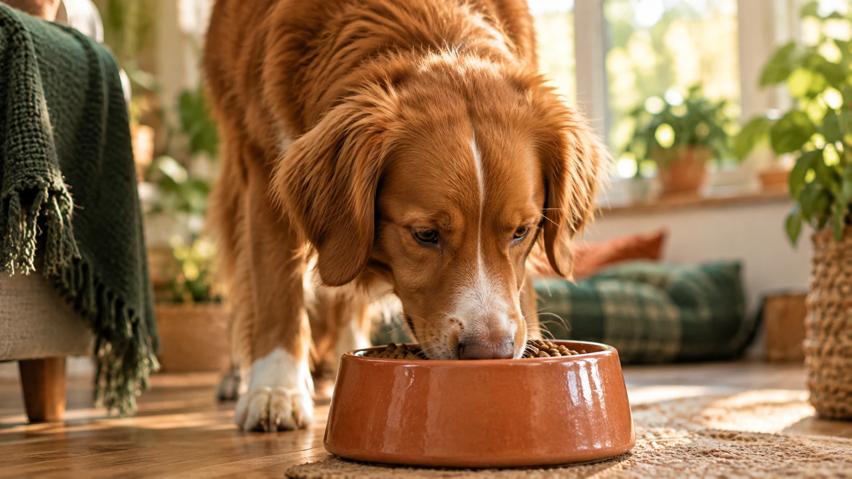 Perro adulto comiendo de su cuenco en un hogar luminoso
