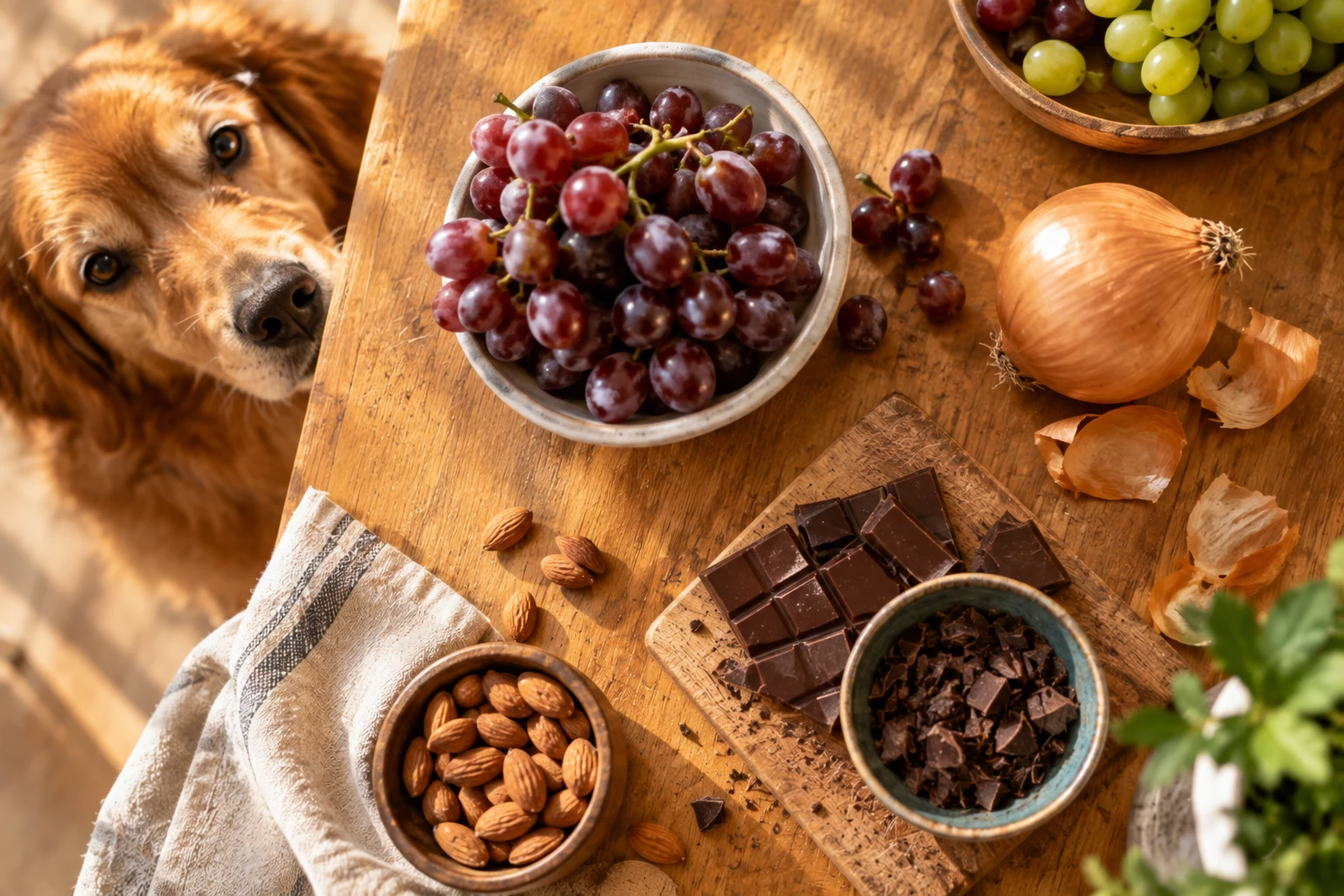 Perro curioso junto a una mesa con uvas, chocolate y otros alimentos prohibidos
