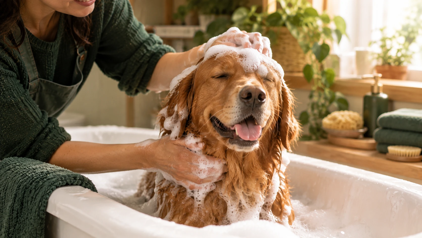 Perro recibiendo un bano con espuma en una banera