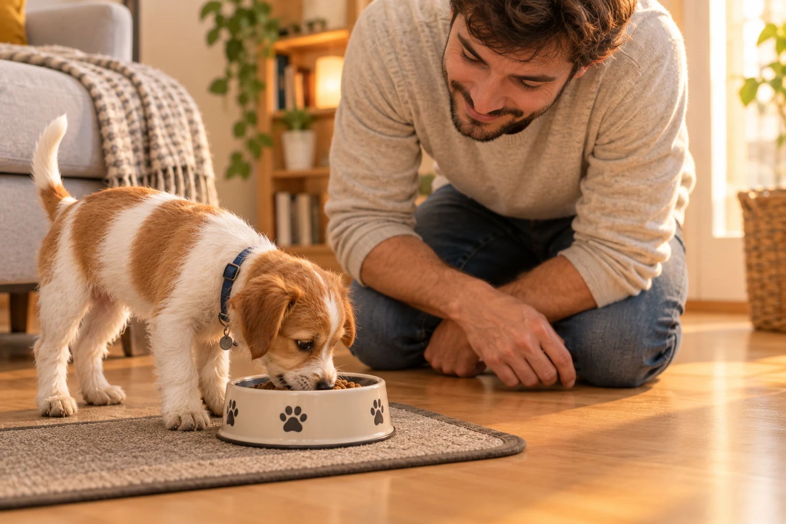 Hombre observando a su cachorro comer de su cuenco
