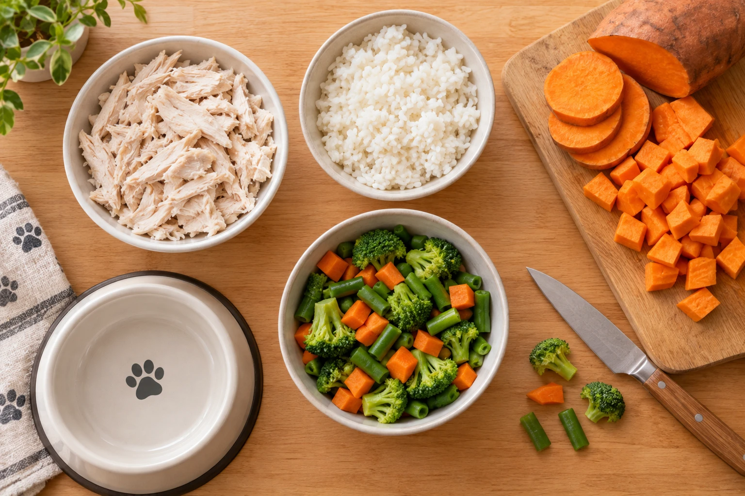 Ingredientes de comida casera para perro: pollo, arroz y verduras