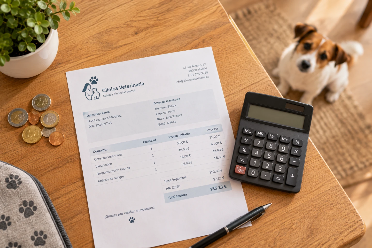 Factura veterinaria junto a monedas y calculadora con un perro pequeno de fondo