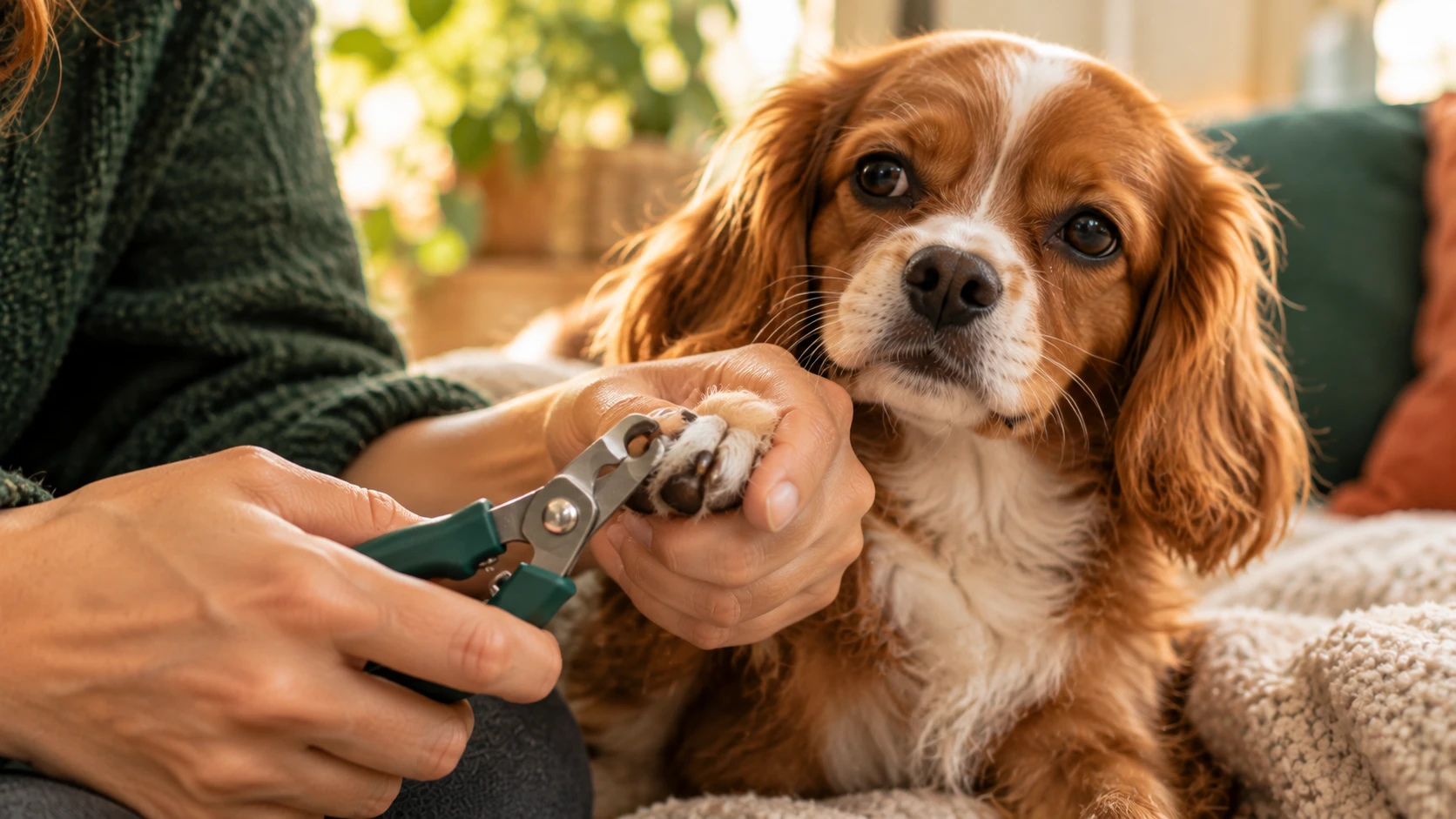 Mano sujetando con cuidado la pata de un perro con un cortaunas