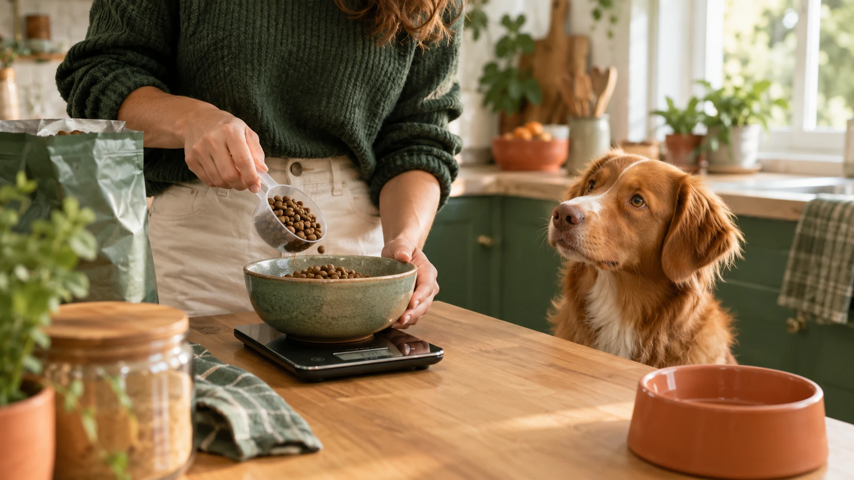 Persona pesando pienso en una bascula de cocina con su perro esperando
