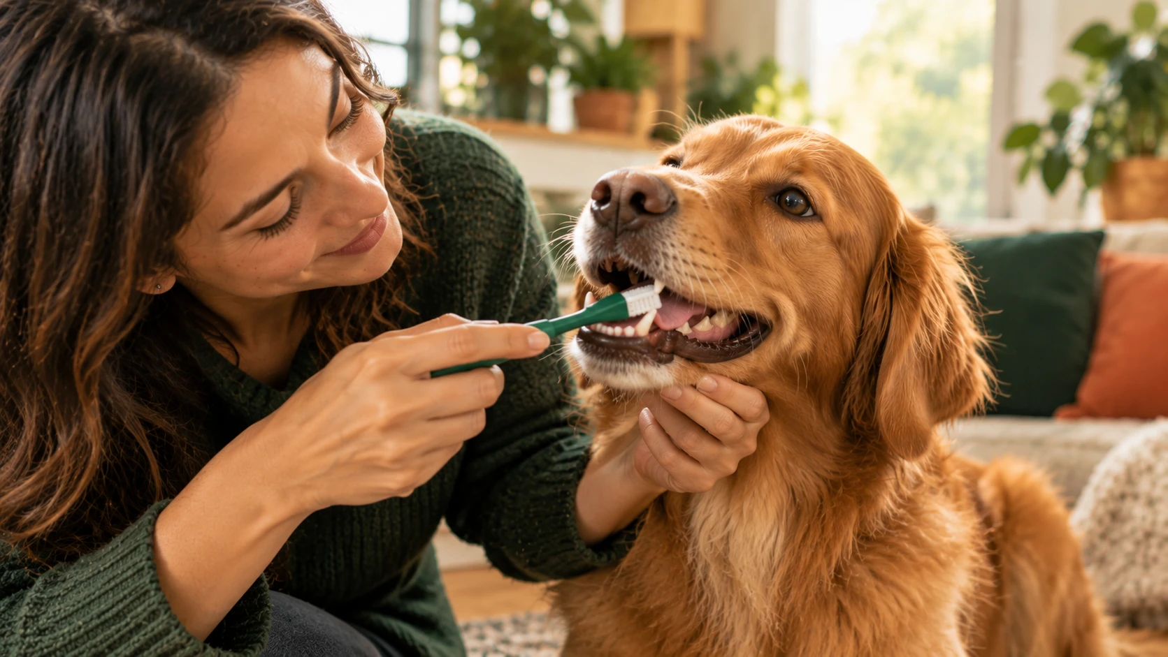 Mujer cepillando los dientes de su perro con un cepillo especial