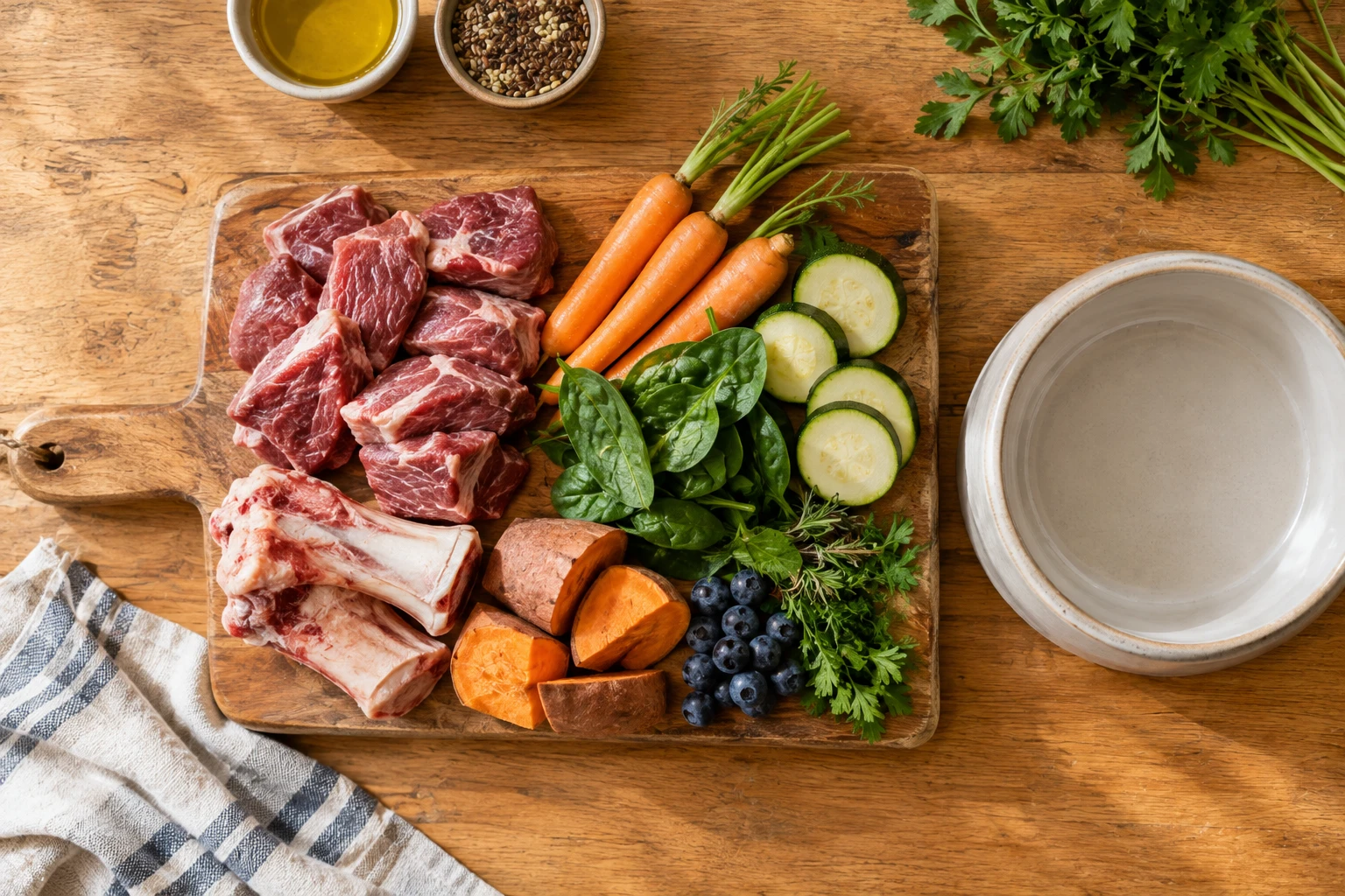 Tabla de madera con ingredientes crudos para dieta BARF de perros