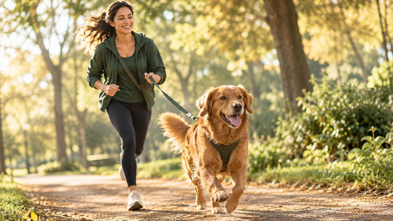 Mujer corriendo con su perro en un parque soleado