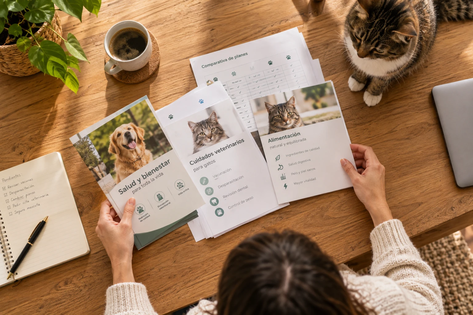 Persona comparando folletos de seguros de mascotas con un gato cerca