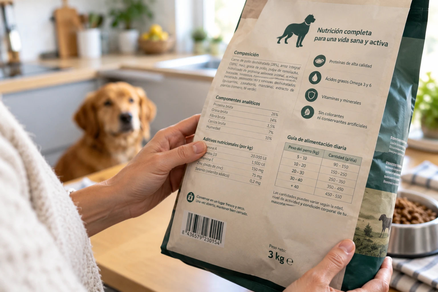 Persona leyendo la etiqueta nutricional de un pienso en la cocina