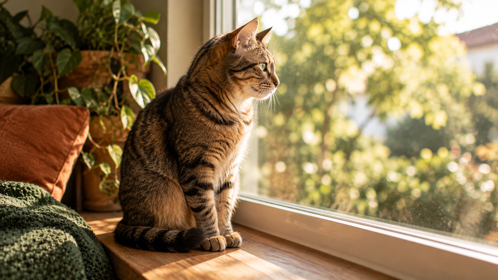 Gato sentado en el alfeizar de una ventana mirando al exterior