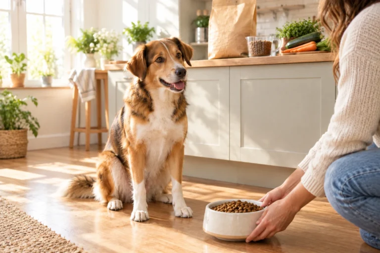 Perro mestizo sentado en la cocina mientras su dueña le sirve un cuenco de pienso