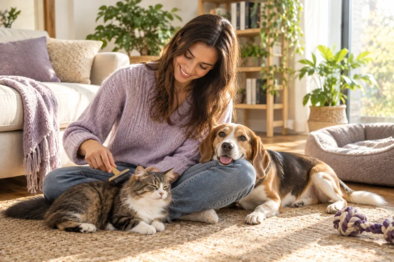 Mujer cepillando a un gato en el salón mientras un beagle descansa apoyado en su pierna