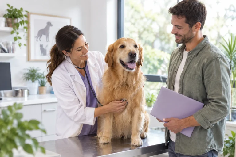 Veterinaria examinando a un golden retriever junto a su dueño, que sostiene la documentación del seguro