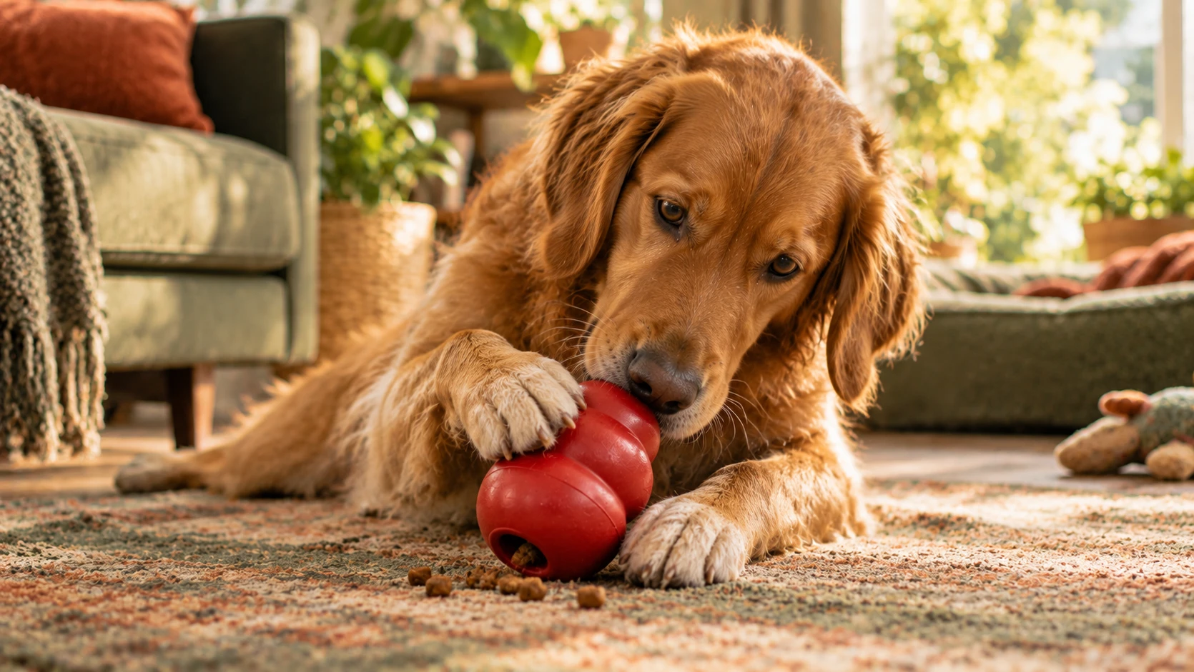 Perro jugando con un juguete dispensador de premios en el salon