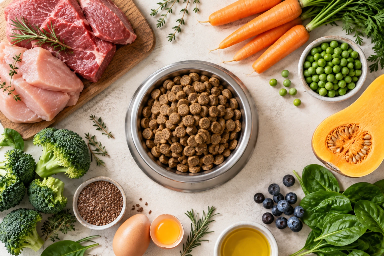 Cuenco de pienso premium rodeado de ingredientes naturales