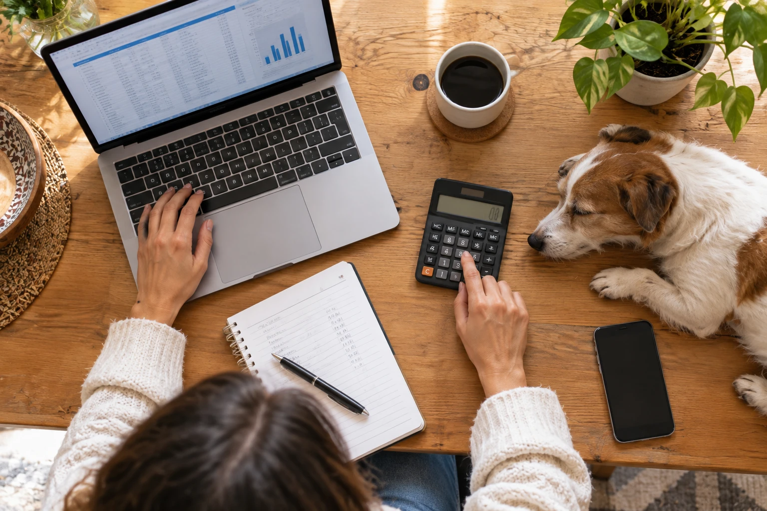 Persona calculando presupuesto con un perro pequeno descansando al lado