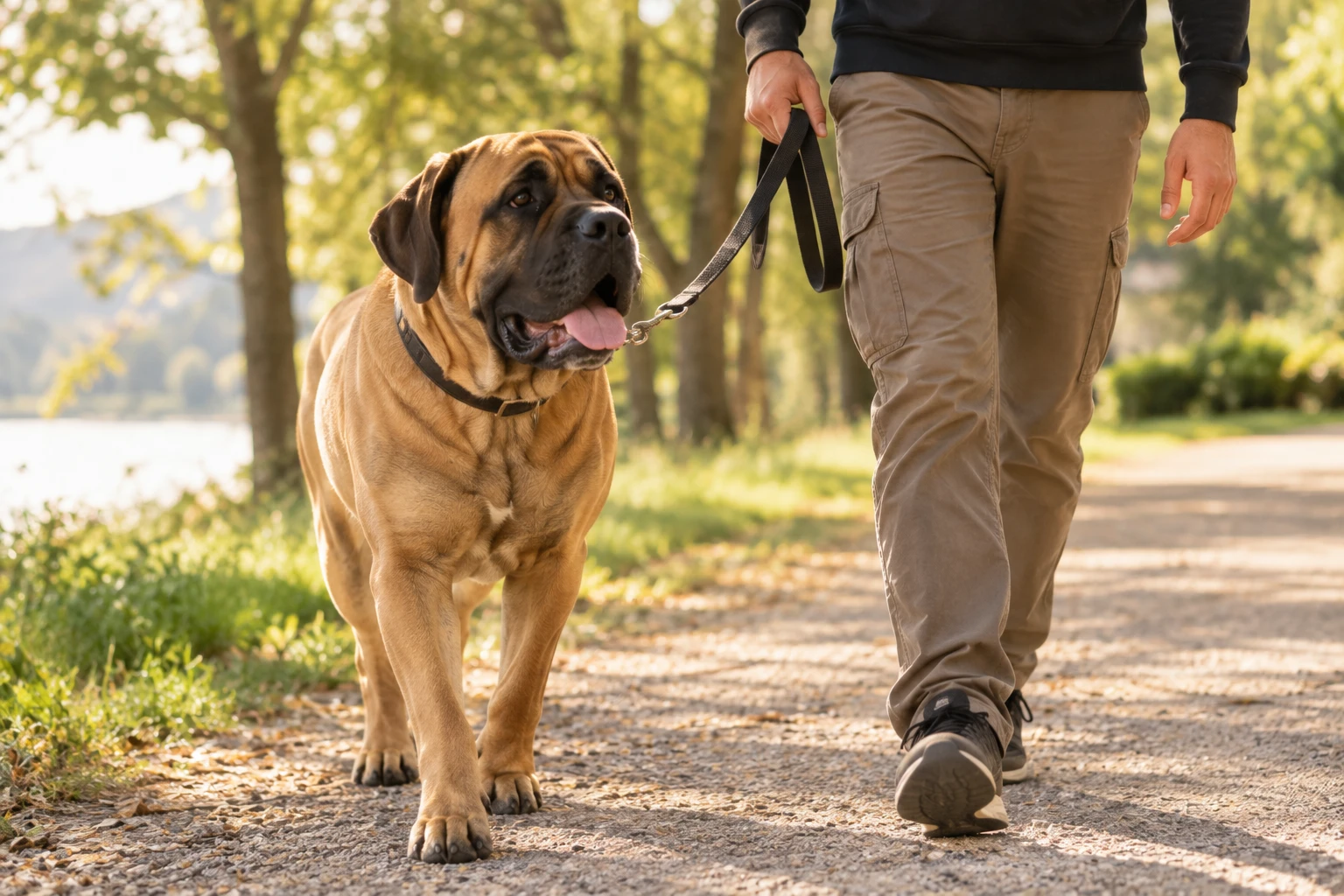 Perro grande paseando tranquilo con correa junto a su dueno
