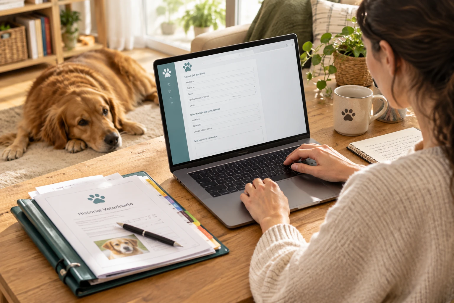 Persona rellenando formulario de reclamacion veterinaria con su perro cerca