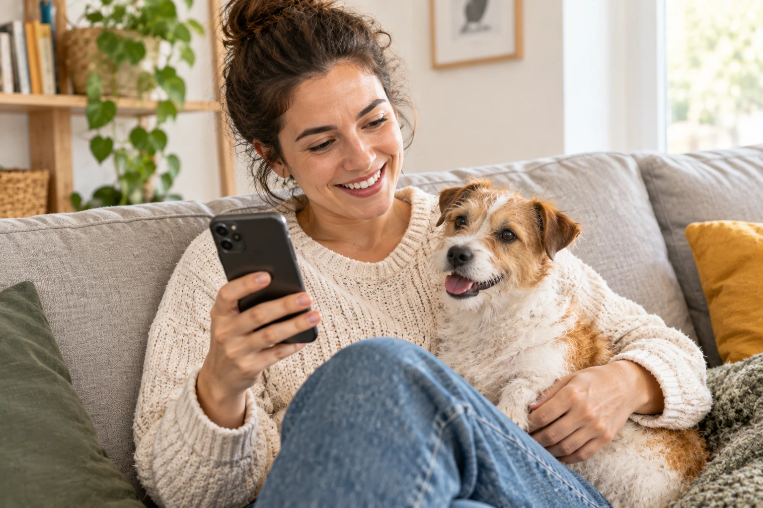 Mujer sonriente mirando el movil con su perro en el sofa