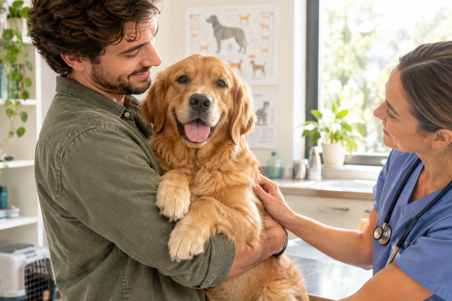 Dueno sujetando a su perro mientras la veterinaria lo examina con carino