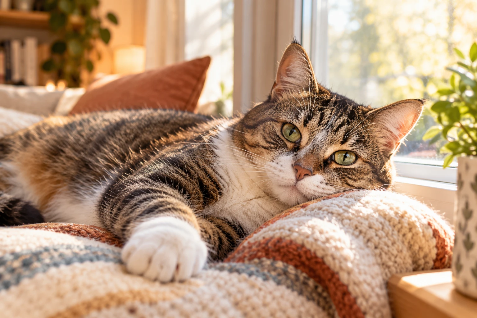 Gato domestico relajado junto a una ventana con luz natural