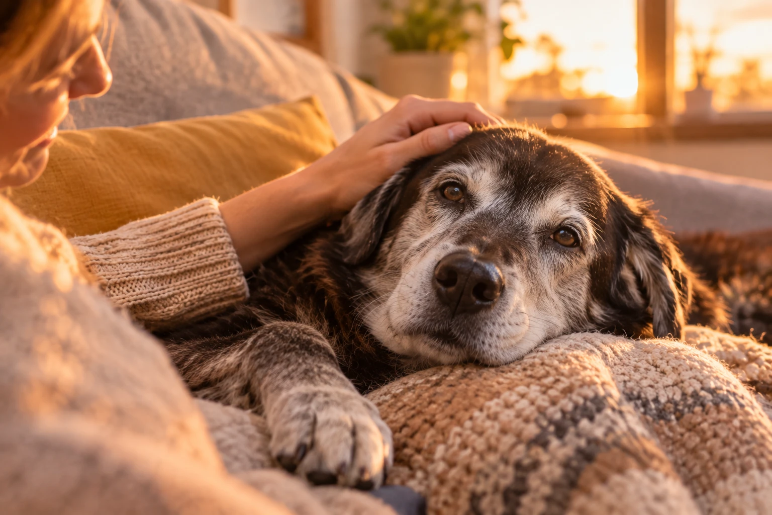 Perro senior siendo acariciado con carino en un sofa