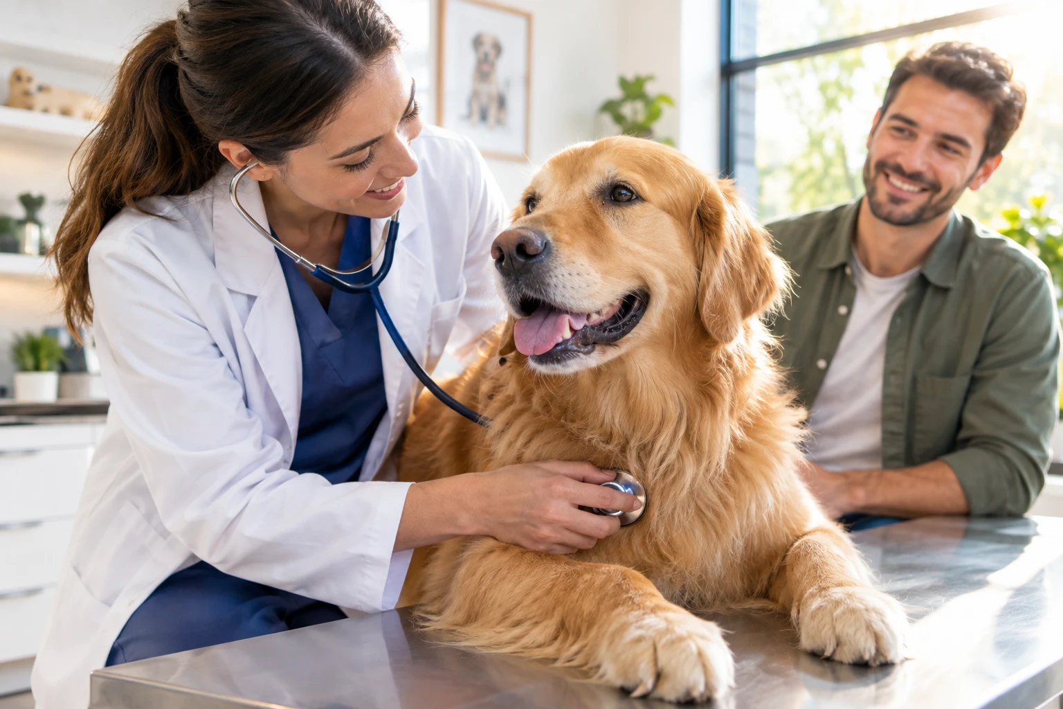 Veterinaria examinando con carino a un golden retriever sano en consulta