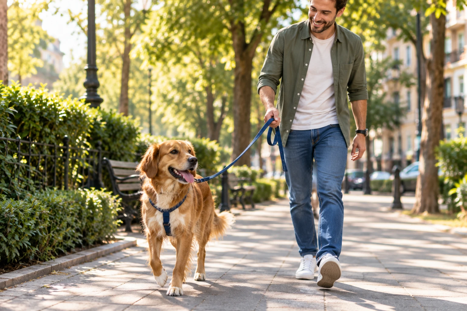 Hombre paseando a su perro con correa por un parque urbano