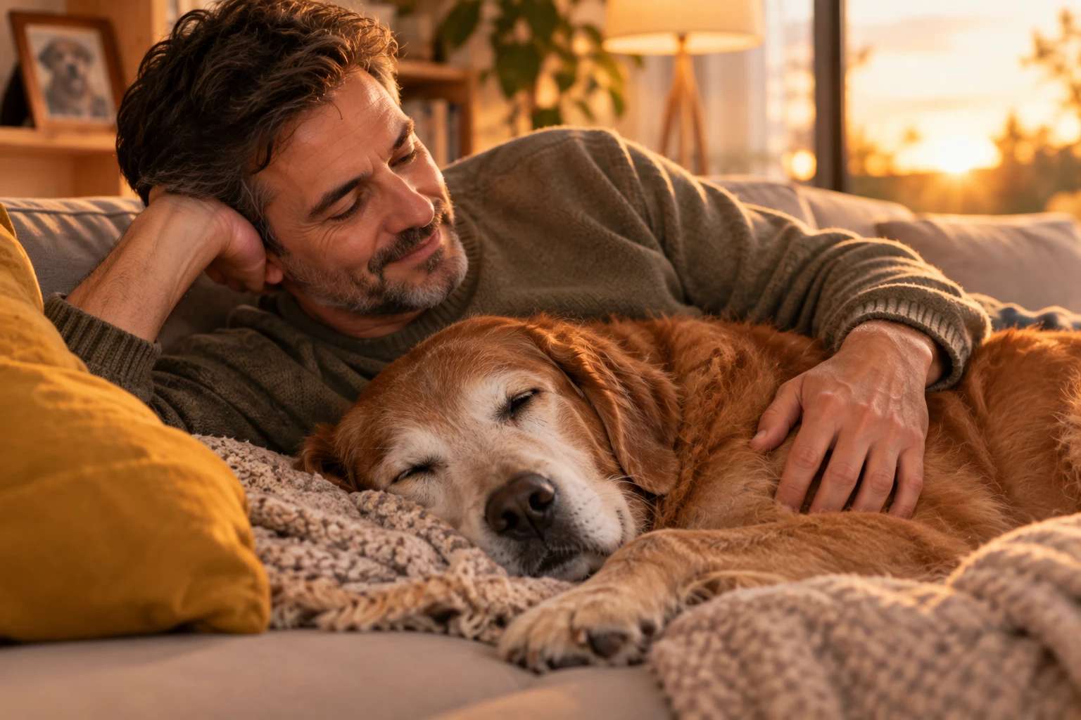 Hombre abrazando a su perro senior en el sofa al atardecer