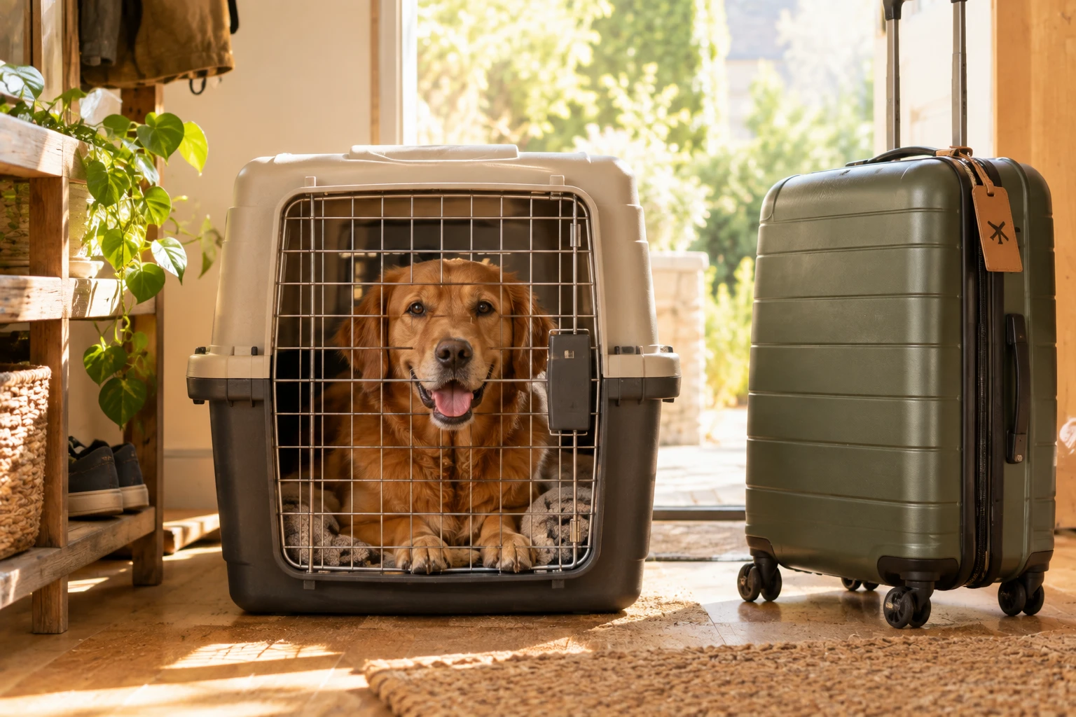 Perro dentro de un transportin junto a una maleta de viaje