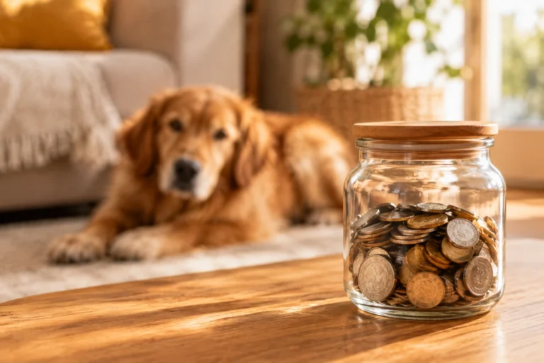 Bote de monedas de ahorro con un golden retriever de fondo