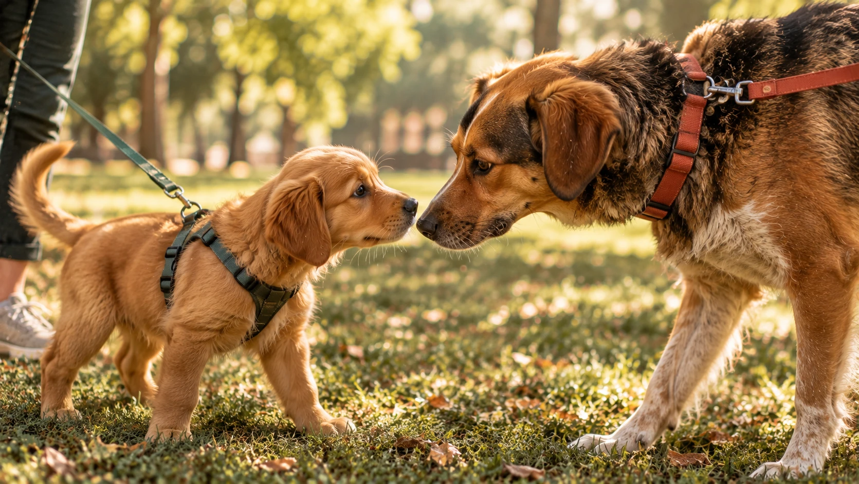 Cachorro conociendo con curiosidad a un perro adulto en un parque