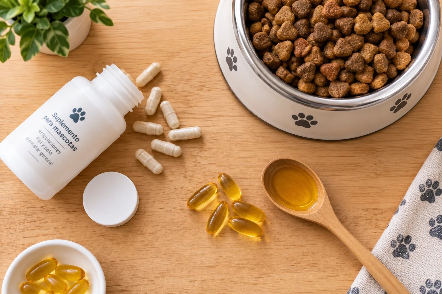 Suplementos y capsulas de omega 3 junto a un cuenco de pienso
