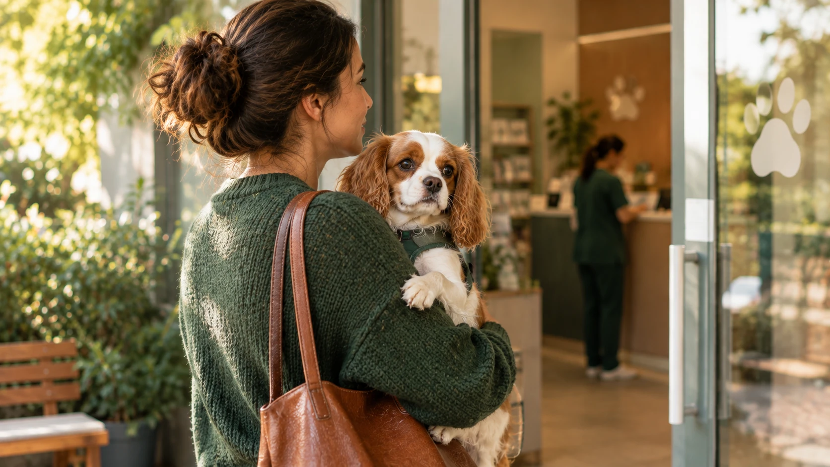 Persona llevando en brazos a su perro pequeno hacia una clinica veterinaria