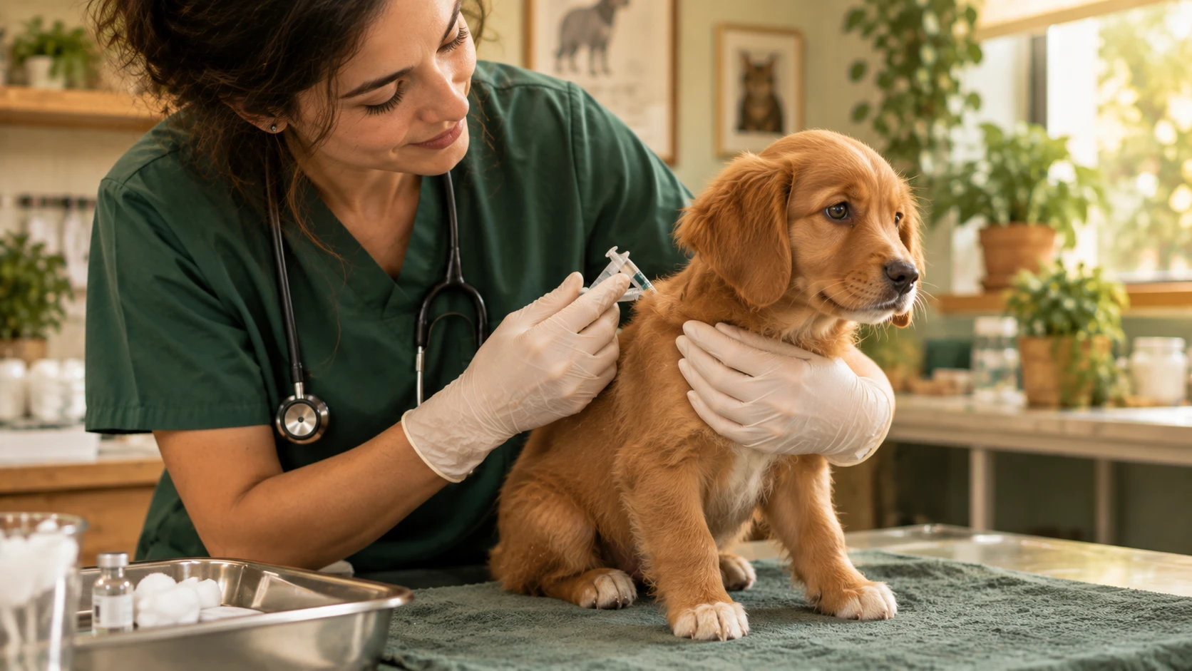 Veterinaria aplicando una vacuna a un cachorro con delicadeza